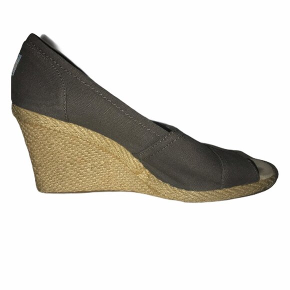 Toms Canvas Peep Espadrille Wedges Womens 7.5 Gray Work Dance Wedding - Picture 5 of 9